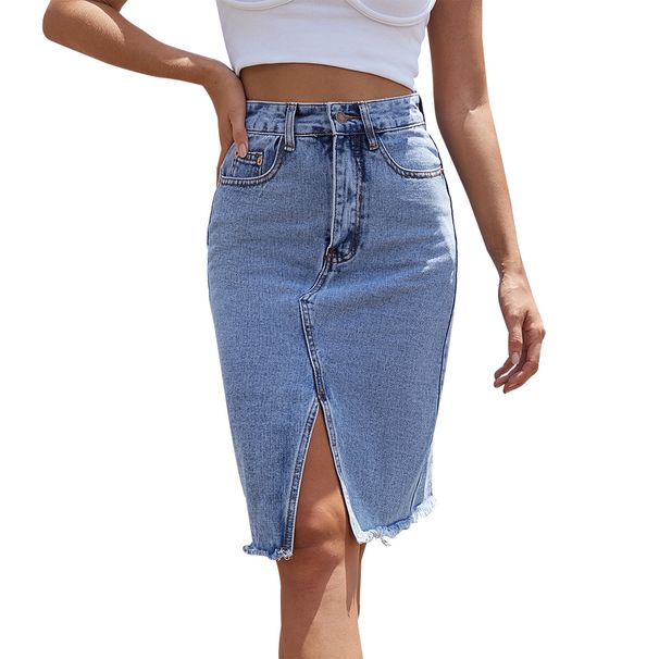 Mid-length, High-waisted, Hip-hugging, Slit Denim Skirt For Women; European And American Style._mkmklike.com