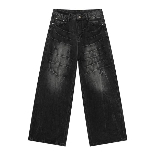 Men's Clothing American High-street Style Lightning Stripe Washed Denim Jeans For Men, Trendy, Versatile, Loose-fitting Straight Leg Trousers_mkmklike.com
