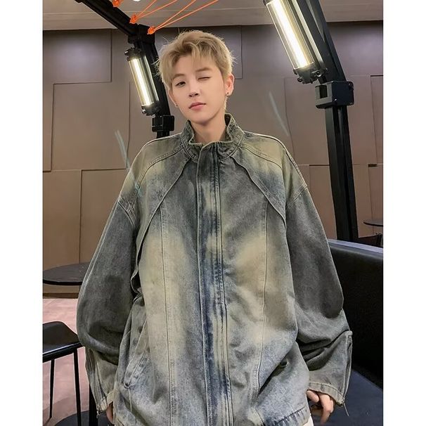 Gradient Tie Dye Denim Jacket For Men's Autumn Stand Up Collar Design, Niche Clothing_mkmklike.com