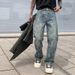 Men's Retro High Street Loose Fit Straight-Leg Jeans Jacquard Denim Pants_mkmklike.com
