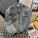 Unisex Heavy Industrial Denim Jacket with Patchwork Design Shoulder Pad Long Sleeves Zipper Stand Collar Trendy American Style for Spring/Summer_mkmklike.com