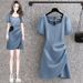 Korea Versio Plus Size Fat Mm Casual Simple Commutig Mid Legth Deim Wash Top Short Sleeved Dress For Wome's_mkmklike.com