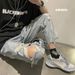Vintage Straight Leg Distressed Denim Jeans For Men, High Street Fashion Ripped Nine-Part Pants, Trendy Streetwear_mkmklike.com