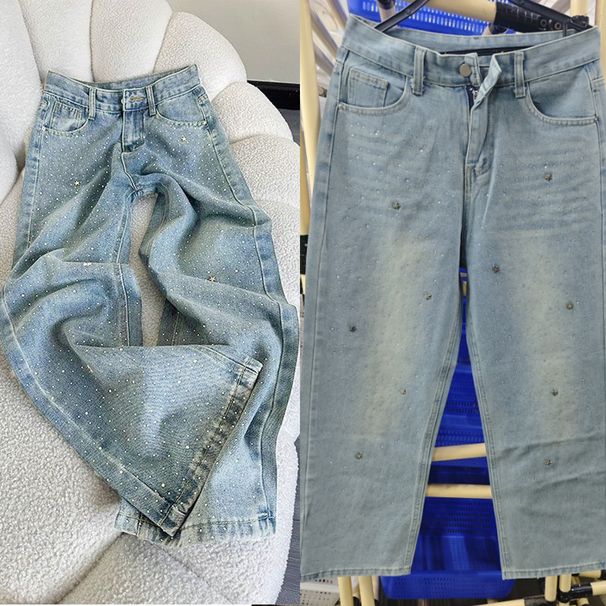 Heavy-Duty Rhinestone Jeans – High-Waisted Straight-Leg Pants For Women, Plus Size & Petite Friendly, Summer Light Blue Washed Denim_mkmklike.com