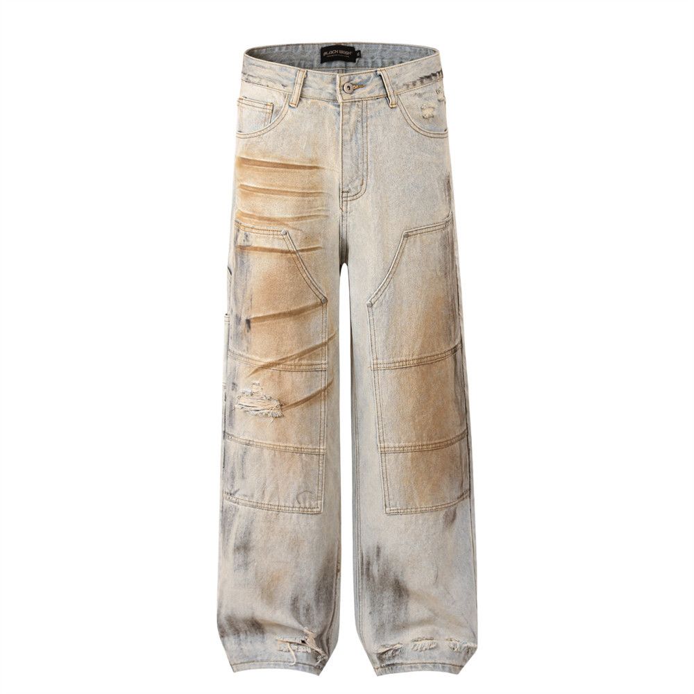 Wasteland Style Distressed Dirty Hole Jeans Men's High Street Trend Tie-Dye Washed Loose Straight Pants_mkmklike.com