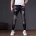 Cross-border New Fashion Niche Design Jeans Men's Holes, Ink Splashing Paint Trendy Brand Slim-fitting Small Feet Pants Men_mkmklike.com