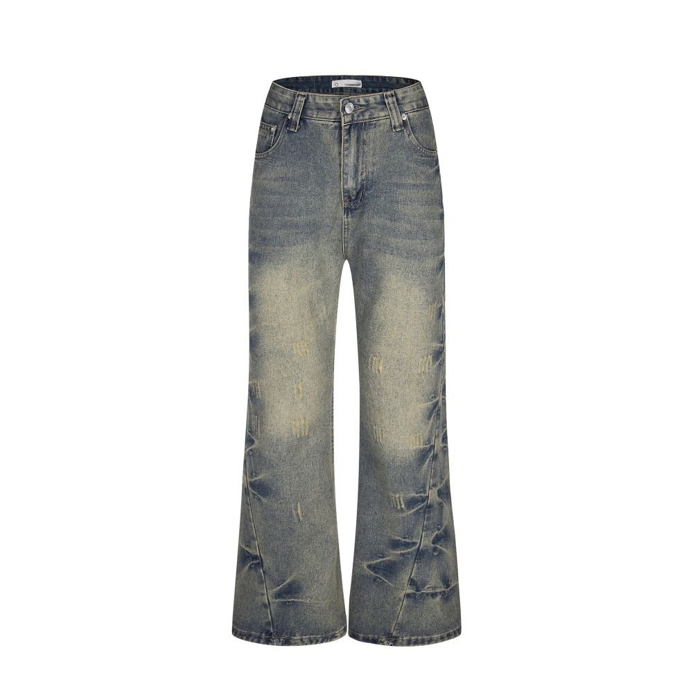Heavy-duty Washed Denim Flared Men's Vibe Street Fashion American Vintage Distressed Frayed Casual Loose Bell-bottom_mkmklike.com