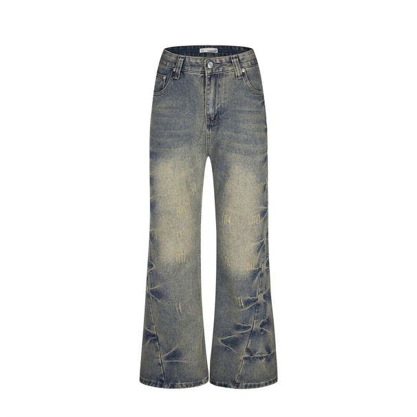Heavy-duty Washed Denim Flared Men's Vibe Street Fashion American Vintage Distressed Frayed Casual Loose Bell-bottom_mkmklike.com