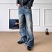 Men's Selvedge Blue Washed Whiskered Jeans Loose Straight Leg American Retro Style Casual Slimming Wide Leg Trousers_mkmklike.com