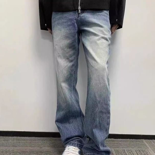 Cleanfit Ripple Blue Cow Must Have Ripple Washed Lightning Pattern Flared Jeans Bootcut Trousers Men_mkmklike.com