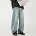 Vintage Style Washed Wide Leg Jeans For Men - Retro Loose Fit Distressed Denim Pants With Split Hem Design_mkmklike.com