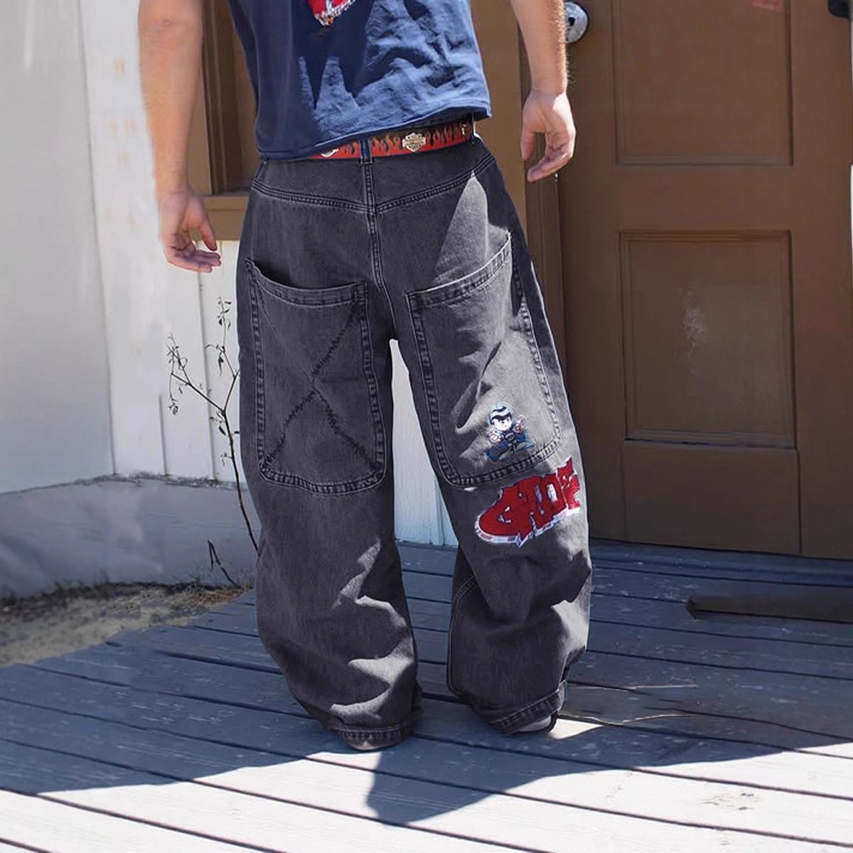 Men's High Street Embroidered Straight Leg Jeans - Classic Black Denim With Lettering Design, Comfortable & Stylish For Casual Wear_mkmklike.com