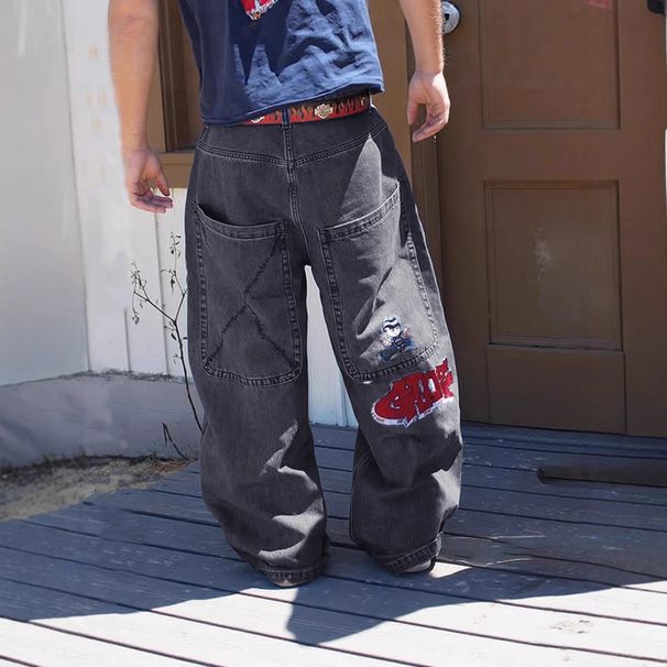 Men's High Street Embroidered Straight Leg Jeans - Classic Black Denim With Lettering Design, Comfortable & Stylish For Casual Wear_mkmklike.com