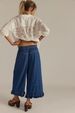 Women's Flared Cropped Lace Trim Denim Jeans - High Waisted Wide Leg Comfort Stretch Pants For Casual Streetwear_mkmklike.com