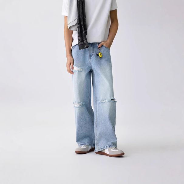 Men's Loose Fit Ripped Jeans American Style Summer Retro Trendy Light Color Wide Leg Pants Midweight Cotton Machine Washable_mkmklike.com