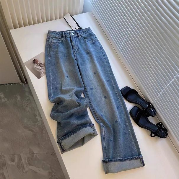High Waist Straight Leg Jeans For Women - Blue Denim Pants With Embroidery Details, Comfortable & Flowy Wide Leg Design, Casual & Stylish Trousers_mkmklike.com