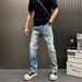 Slim Fit Men's Ripped Jeans Light Blue Straight Leg Washed Denim Slightly Flared Long Durable Harem Pants_mkmklike.com