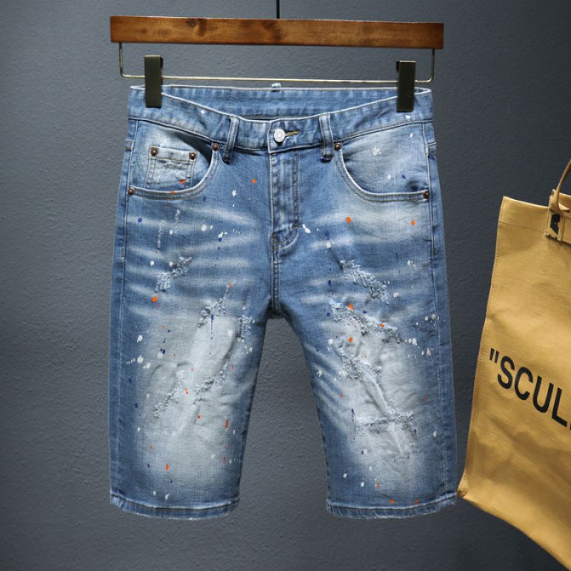 Men's Vintage Paint Splatter Distressed Denim Shorts Slim Straight Fit Retro Washed Knee-Length Jean Shorts_mkmklike.com