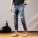 Men's Slim Fit Stretch Patchwork Embroidered Ripped Jeans - Vintage Distressed Denim Pants With Artistic Details For Casual Wear_mkmklike.com