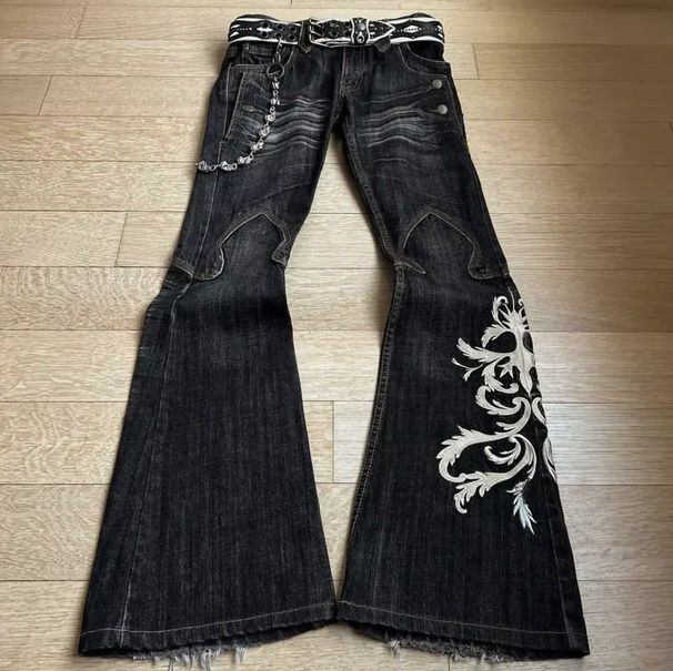 Y2K Tribal Patchwork Denim Jeans – Vintage Washed With Embroidery Details, Retro Streetwear For Men, Baggy Fit & 100% Cotton_mkmklike.com