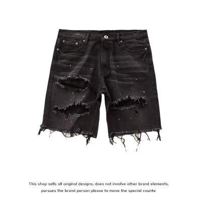 Men's Clothing Retro Hole Shorts Large Size Midweight Cotton Denim Black Gray Wide Leg Pants Casual High Street Style_mkmklike.com