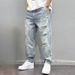 Streetwear Spray Paint Jeans - Distressed Washed Denim Pants With Graffiti Art, Straight Leg Unisex High Waist Ripped Jeans (Blue, 28-36)_mkmklike.com