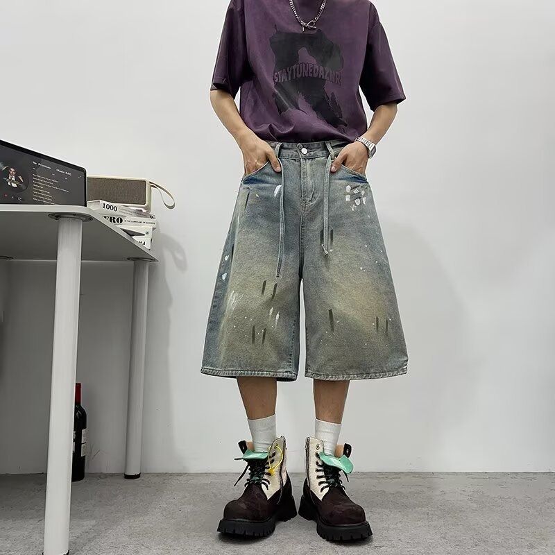 Vintage Splash-Wash Denim Shorts – Unisex Relaxed 7/10 Length, Streetwear Staple (No-Stretch, Distressed Detailing, Adjustable Drawstring)_mkmklike.com