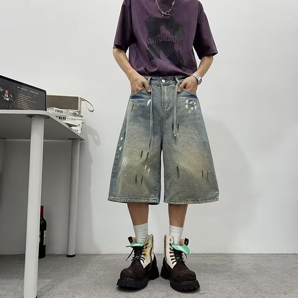 Vintage Splash-Wash Denim Shorts – Unisex Relaxed 7/10 Length, Streetwear Staple (No-Stretch, Distressed Detailing, Adjustable Drawstring)_mkmklike.com