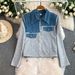 Stylish Denim Patchwork Jacket & High-Waisted Striped Pants Set – Distressed Fringe & Slim-Fit Design For Effortless Chic (M/L/XL/2XL)_mkmklike.com