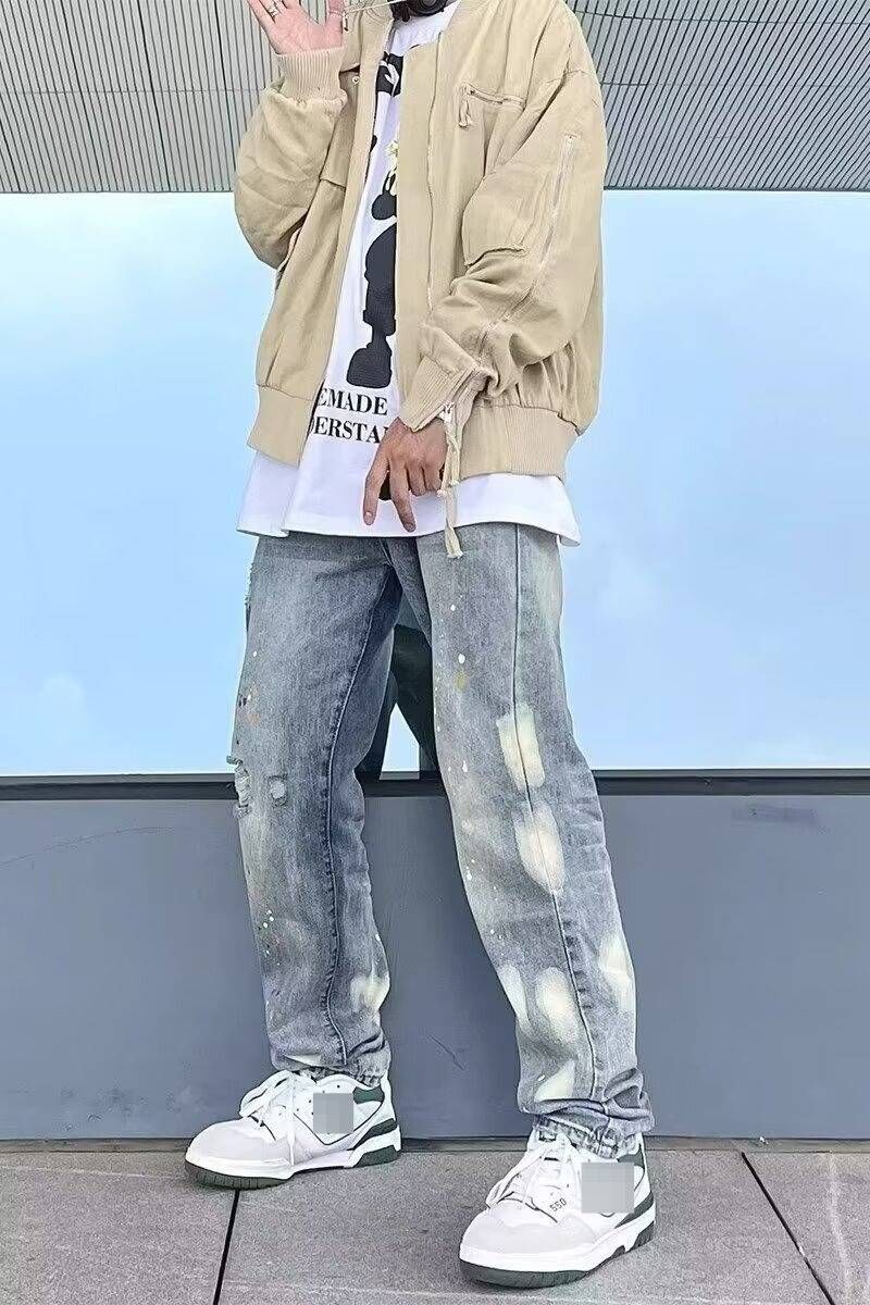 Vintage Distressed Ripped Jeans For Men - Relaxed Straight Leg Retro Streetwear Baggy Dad Pants With Splatter Paint Design_mkmklike.com