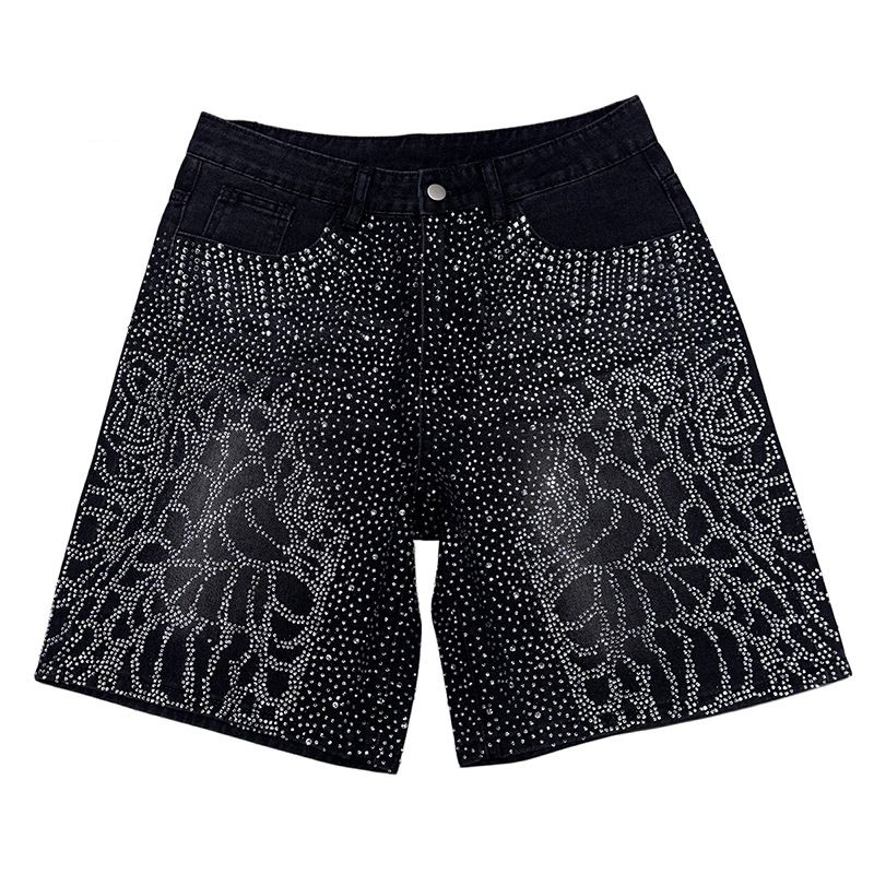 Men's Full Rhinestone Leopard Print Denim Shorts Black Washed Straight Leg Mid-Rise Summer Casual Street Style_mkmklike.com