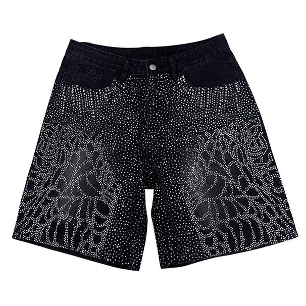 Men's Full Rhinestone Leopard Print Denim Shorts Black Washed Straight Leg Mid-Rise Summer Casual Street Style_mkmklike.com