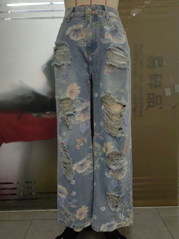 Women's Clothing Spring New Floral Graffiti Print Hole High Waist Loose Straight Jeans_mkmklike.com