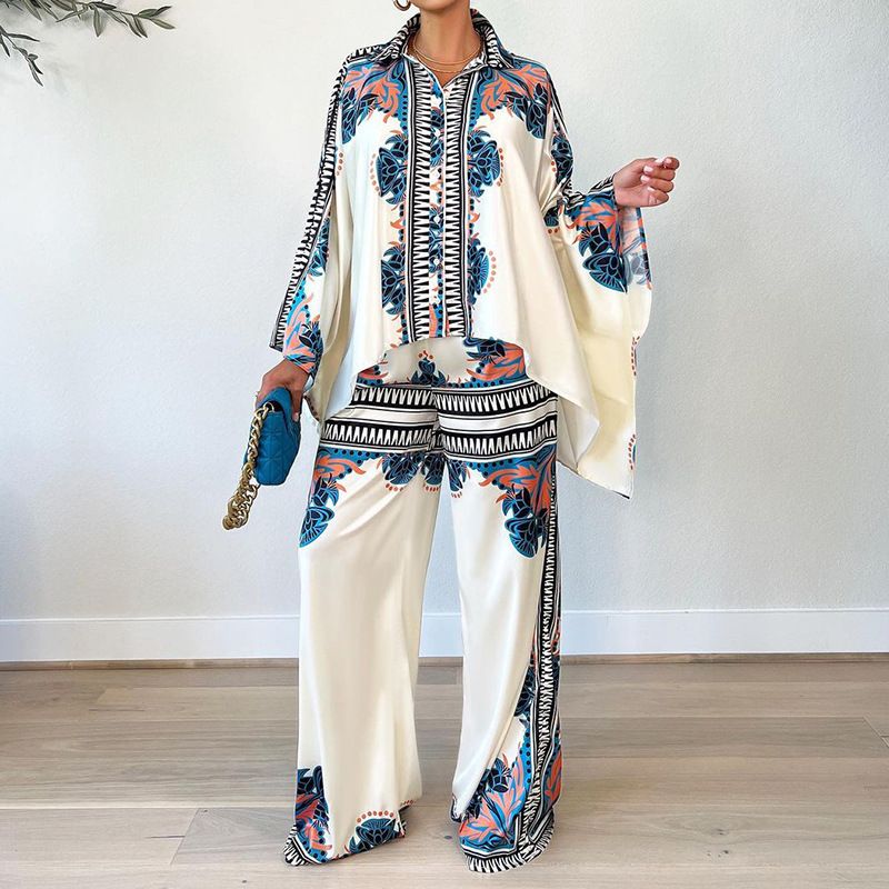 Women's clothing autumn new fashion printed lapel bat sleeve top loose trousers two-piece set_mkmklike.com