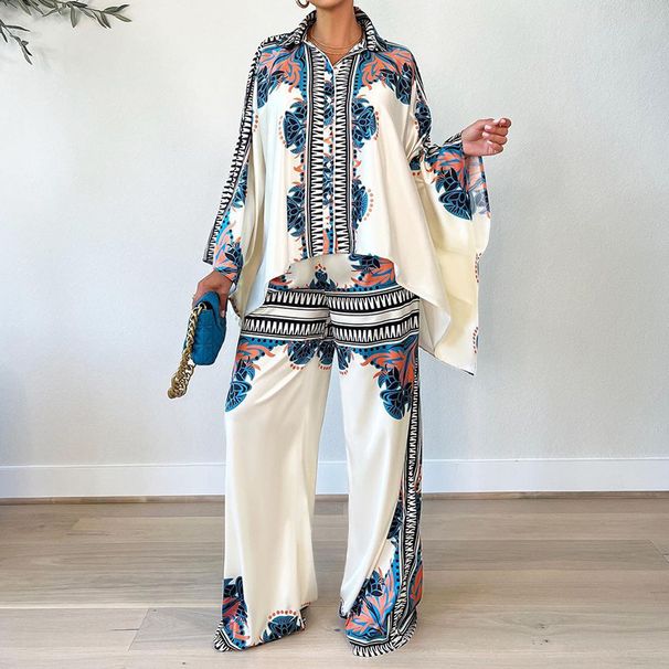 Women's clothing autumn new fashion printed lapel bat sleeve top loose trousers two-piece set_mkmklike.com