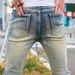 Retro Men's Clothing Slim Fit Skinny Jeans Trendy Distressed Five Point Denim High Waisted Blue Wash_mkmklike.com