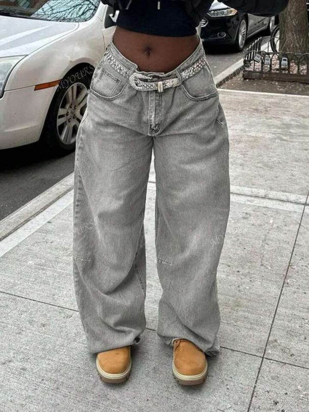 Women's Light Gray Straight Leg Jeans Non-Stretch Washed Retro Spring/Autumn Regular Fit Solid Color Denim_mkmklike.com