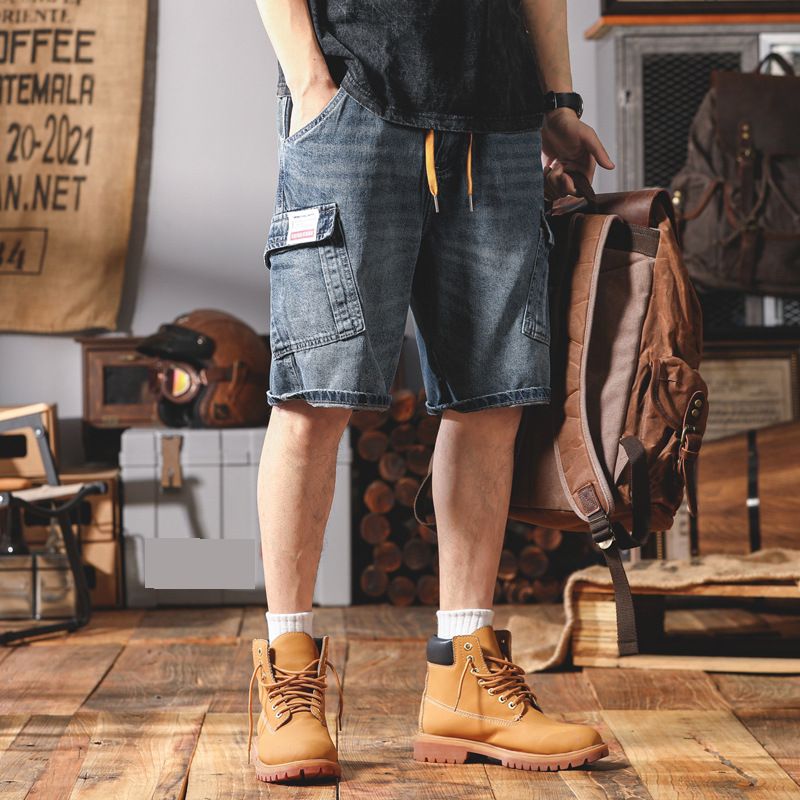 Men's Clothing Retro Fashion Side Pocket Workwear Style Loose Fashion Denim Shorts_mkmklike.com