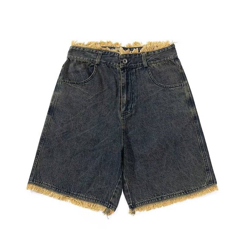 Men's Clothing American Raw Edge Denim Shorts For Men Summer Washed Distressed Tassel Design Straight Leg Five Point Mid Length Pants_mkmklike.com