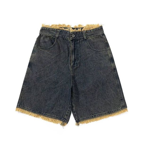 Men's Clothing American Raw Edge Denim Shorts For Men Summer Washed Distressed Tassel Design Straight Leg Five Point Mid Length Pants_mkmklike.com