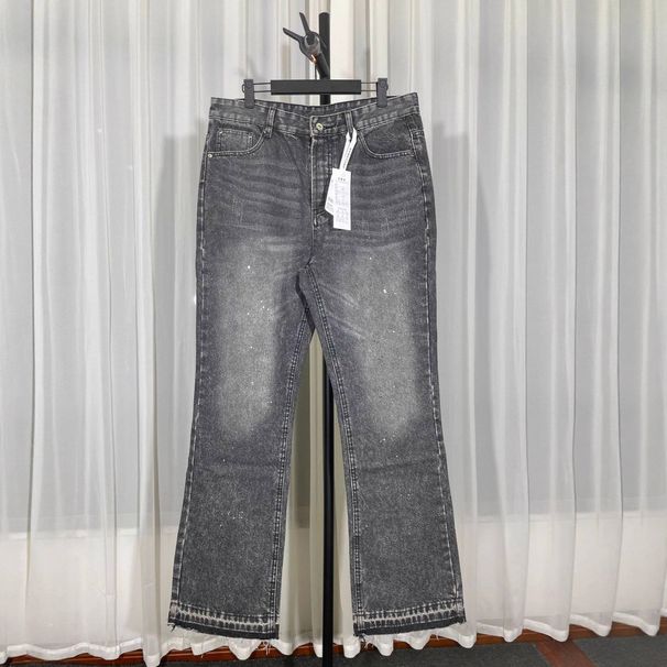Men's Cleanfit Washed Black Gray Splatter Fringe Flared Jeans - Straight Leg Distressed Denim Pants With Raw Hem_mkmklike.com