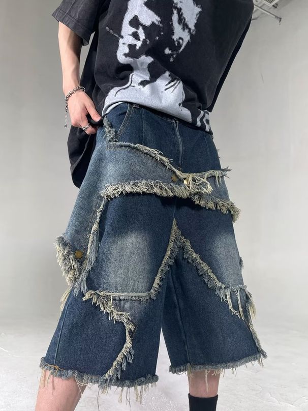 Men’S Vintage Washed Star Patchwork Denim Jeans – Relaxed Fit, Raw Hem, Distressed Detailing (S-Xxl, Blue/Navy, 76% Cotton)_mkmklike.com