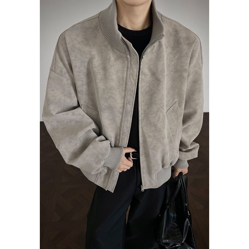 Gray Tie-Dye PU Leather For Men, Autumn American Retro Boxy Fit Coat, Stylish Stand Collar Workwear Baseball Jacket_mkmklike.com