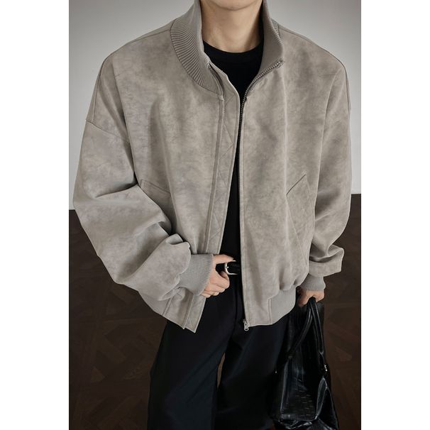 Gray Tie-Dye PU Leather For Men, Autumn American Retro Boxy Fit Coat, Stylish Stand Collar Workwear Baseball Jacket_mkmklike.com