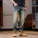 Spring And Summer American Yellow Mud Jeans Men's Heavy And Old Retro Washed Jeans Men's 3D Embossed Street Jeans_mkmklike.com