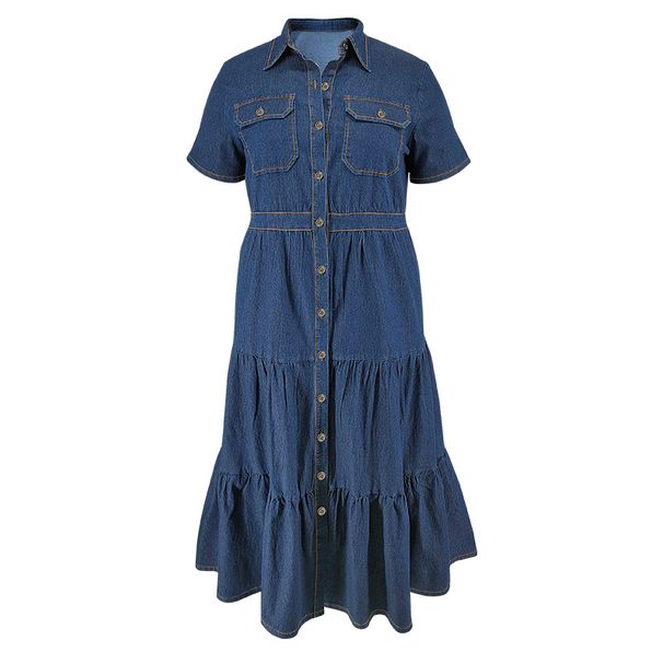 K Plus Size Women's Clothing Women's Short-sleeved Long Dress With Pocket And Button-down Collar_mkmklike.com