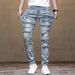 Men's Distressed Slim Fit Stretch Jeans - Light Blue Ripped Denim Pants With Raw Hem (30-40, Cotton Blend, Streetwear Style)_mkmklike.com