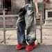 Men's Clothing Trendy Loose Fitting Straight Leg Jeans Blue Washed Faux Ripped Mid Waist Cotton Long Pants Machine Washable_mkmklike.com
