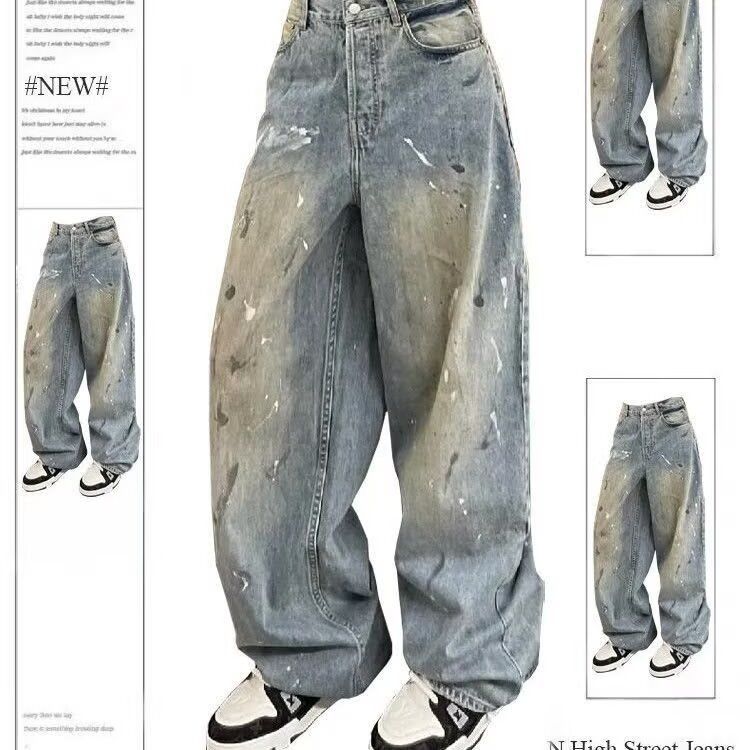 Men's Clothing High Street Edgy Style Distressed Jeans For Men And Women Washed Retro Design Splatter Paint Effect Loose Straight Leg Floor Length_mkmklike.com