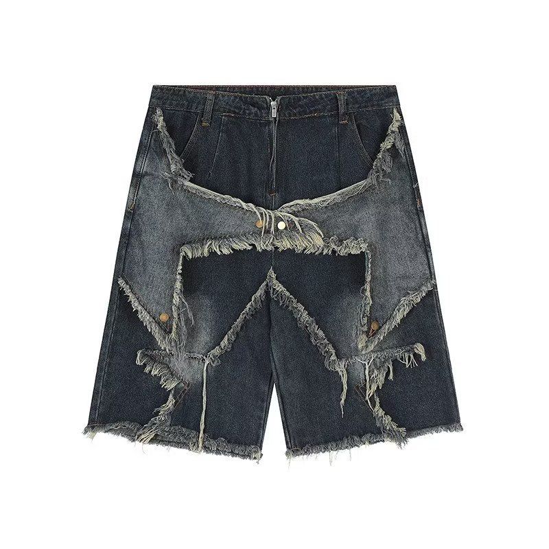 American Retro Multi Pocket Star Raw Edge Jeans For Men And Women Trendy Loose Washed Distressed Wide Leg Pants Summer_mkmklike.com